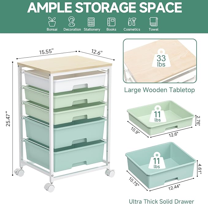 SYKIARIOL Utility Cart with 5 Drawers, Storage Cart with Wooden Tabletop and - Image 3