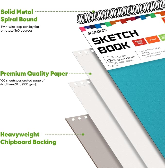 Soucolor Sketchbook 9x12, 100 Sheets Drawing Pad, Art Sketch Book - Image 3