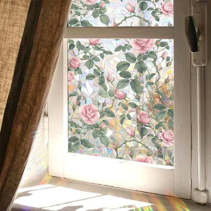 JOONOR Retro Pink Rose Flowers Window Privacy Film, 3D Stained Glass Rose - Image 4