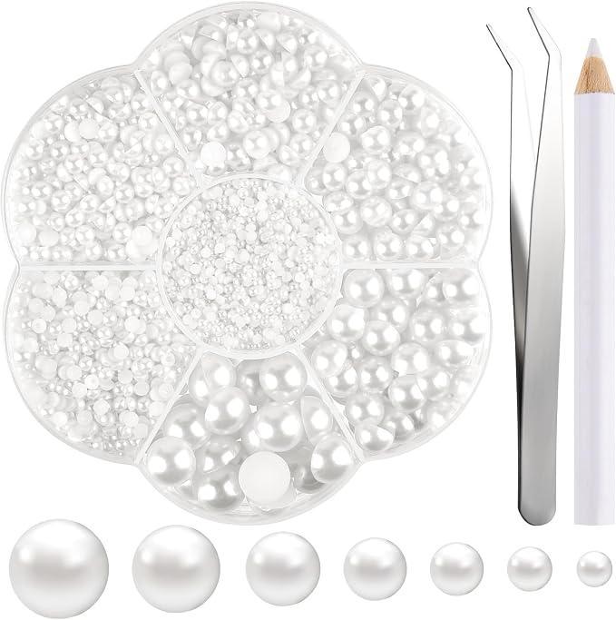 NACHLYNN 6480 Pcs Flat Back Pearls 7 Sizes Half Pearl Bead White Flat Pearls by Createyourownlifestory