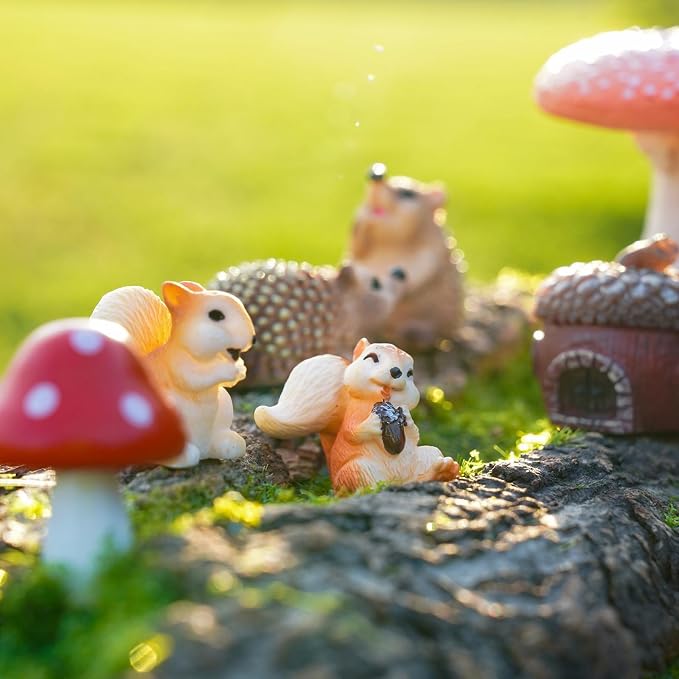 Fairy Garden Accessories, 7 Pieces Squirrel & Hedgehog Resin Figures - Image 2