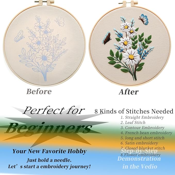 FONNUY Embroidery Kit for Beginners，Plants Flowers Pre-Stamped Pattern Kits for - Image 4