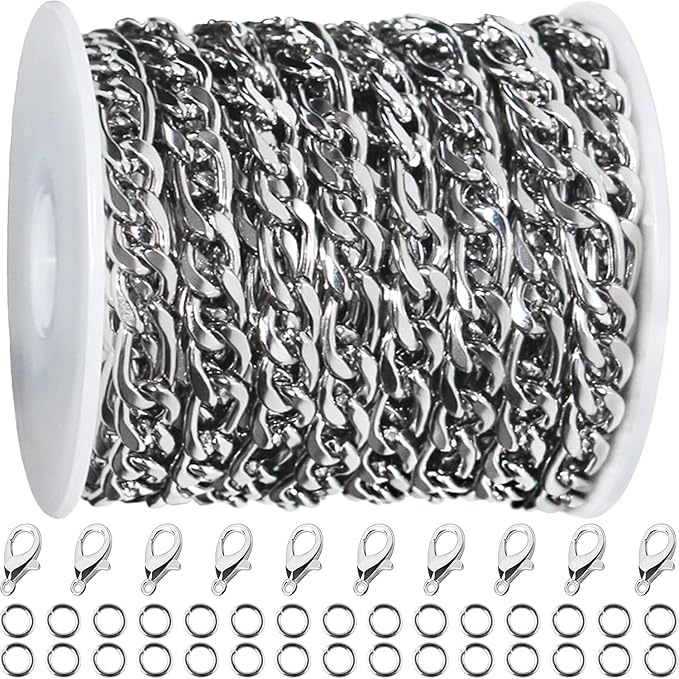 Jishi 16ft Figaro Chain Roll 6mm Silver Stainless Steel Necklace Chain by Jishi