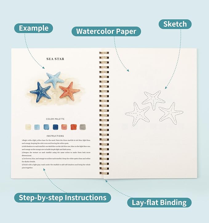 Watercolor Workbook Seaside, Water Coloring Book, 12 Different Patterns of - Image 5