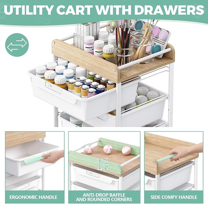 6 Drawer Rolling Cart for Craft Storage, Utility Drawer Organizer - Image 4
