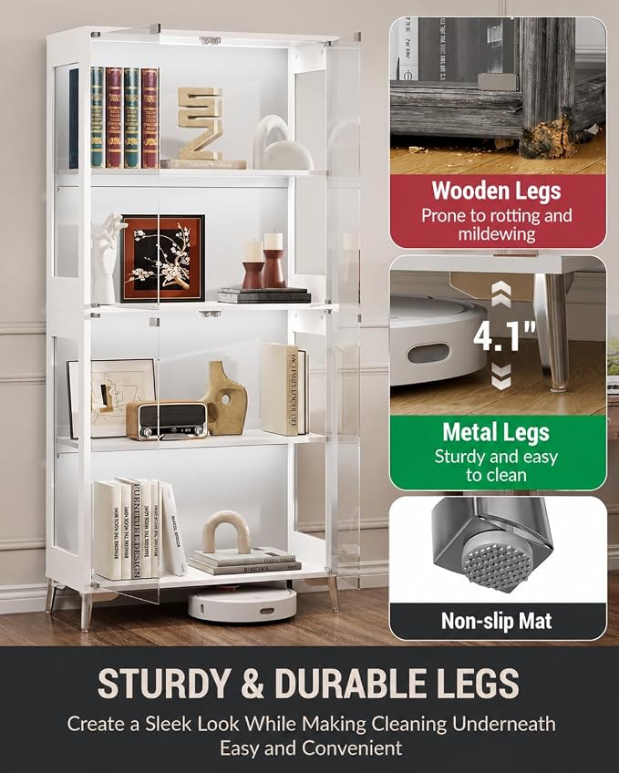 Display Cabinet with Glass Doors, 4-Tier Curio Cabinet, Adjustable Shelves - Image 6