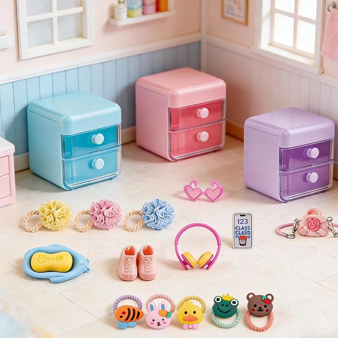 118Pcs Dollhouse Mini Jewelry Storage Case Cosmetic Hand Bag Towel Bathroom Set - Image 3