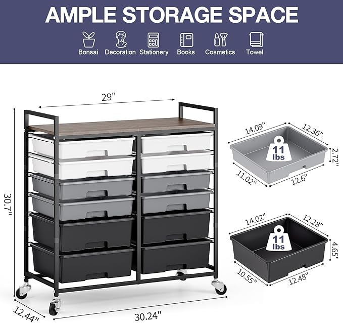 Rolling Storage Cart with 12 Drawers, Wooden Tabletop Utility Cart - Image 3
