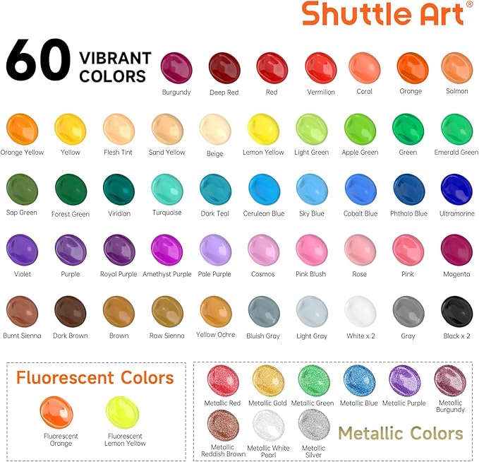 72 Pack Acrylic Paint Set, Shuttle Art 60 Colors Acrylic Paint Including Extra - Image 3