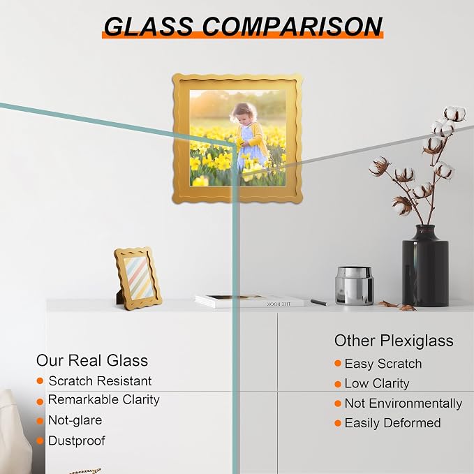 10x10 Picture Frame with Mat for 8x8, Wavy Edge Wooden Real Glass Photo Frame - Image 2