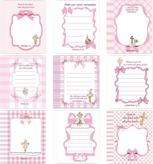 Pink Bow Sticky Notes Gifts, 9 Pack Pink Bow Christian Natepads 3x4 Inch by Lovarywow
