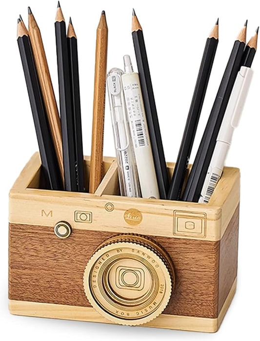 Vintage Wooden Camera Pencil Holder – Retro Desk Organizer by Unknown