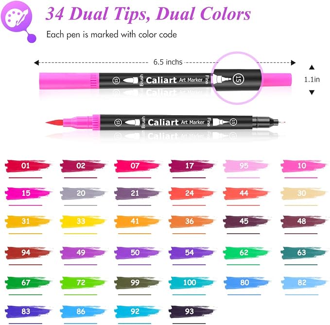 Caliart 34 Double Tip Brush Pens Art Markers - Image 2