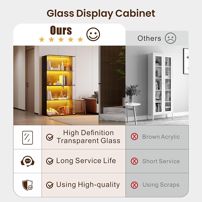 Lvifur Display Cabinet with Glass Doors, 4-Tier Bookcase with 3 Color Lights - Image 4