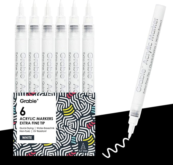 Grabie 6 White Acrylic Paint Markers, 0.7mm Extra Fine Tip Acrylic Paint Pens by Grabie
