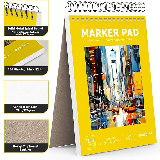 Soucolor Marker Paper Sketchbook, Bleedproof Maker Paper 9"x12" | Professional - Image 2