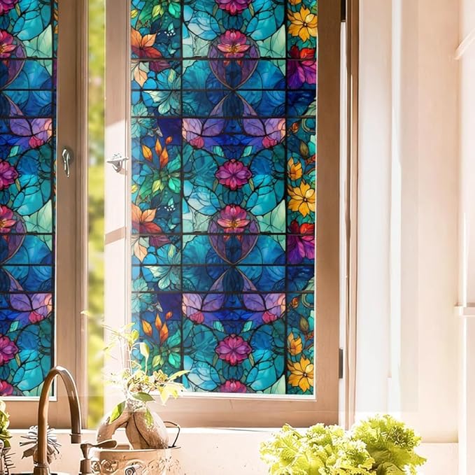 Purple Blue Pink Flower Leaf Stained Glass Window Films Decorative Double-Side by Unknown