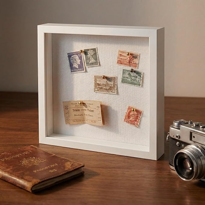 8x8 Shadow Box Frame with Linen Background & Metal Push Pins, Plexiglass Front - Image 4