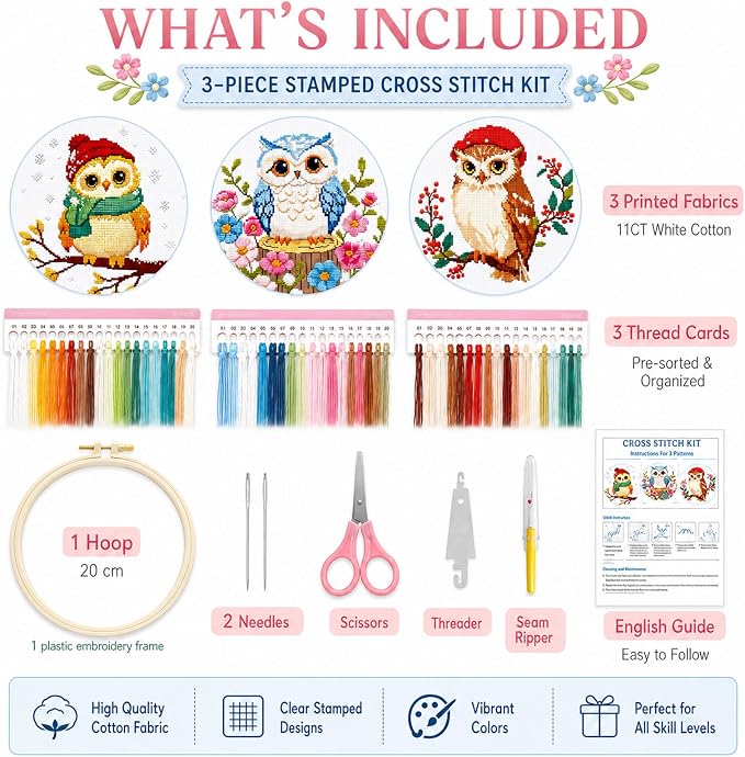 Zhenqing 3-Piece Owl Cross Stitch Kit Stamped Embroidery Kit 11CT Printed Aida - Image 5