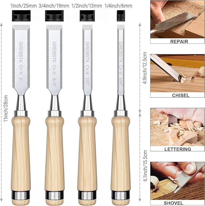 GREBSTK 4-Piece Ultra-Sharp Wood Chisel Set, CR-V Steel Beveled Blades - Image 2