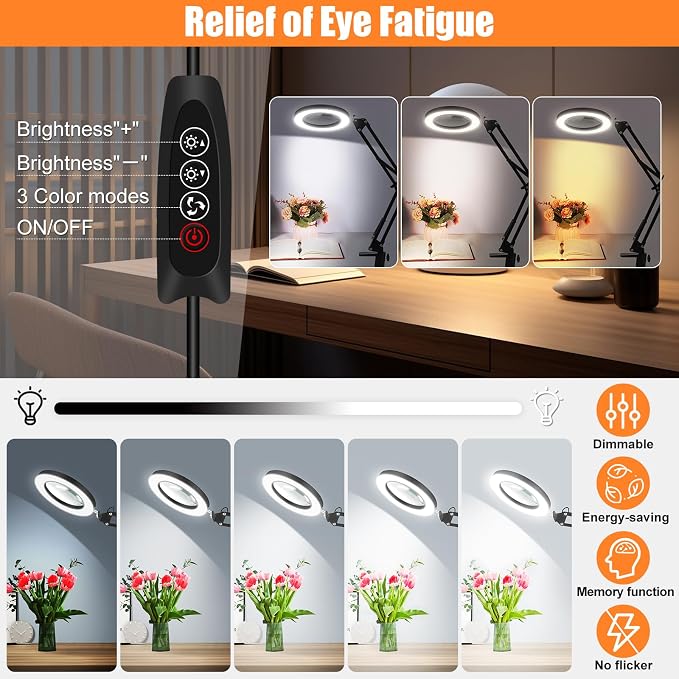 10X Magnifying Glass with Light and Stand, Dimmer Adjustable Swing Arm 2-in-1 - Image 4