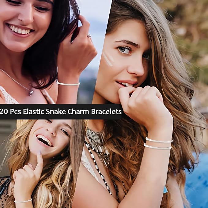20 Pieces Snake Charm Bracelet, 4mm Expandable Charm Bangle Bracelets Silver - Image 2