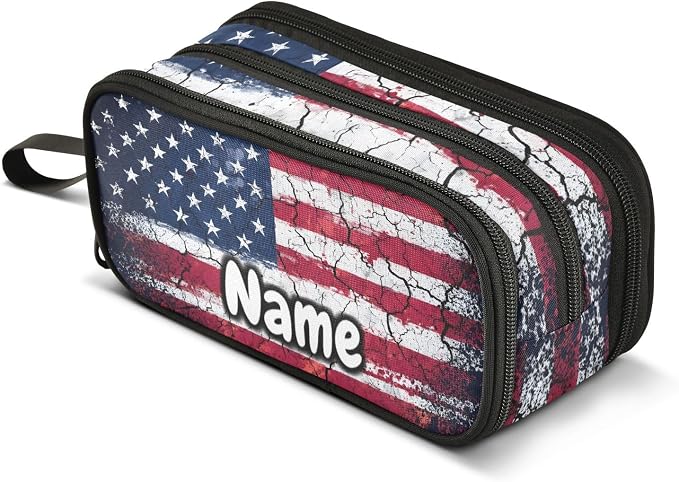 Custom Retro American Flag Pencil Case Box Boys Girls Personalized Name Large by BOENLE-WELCOMEYOURCOMING