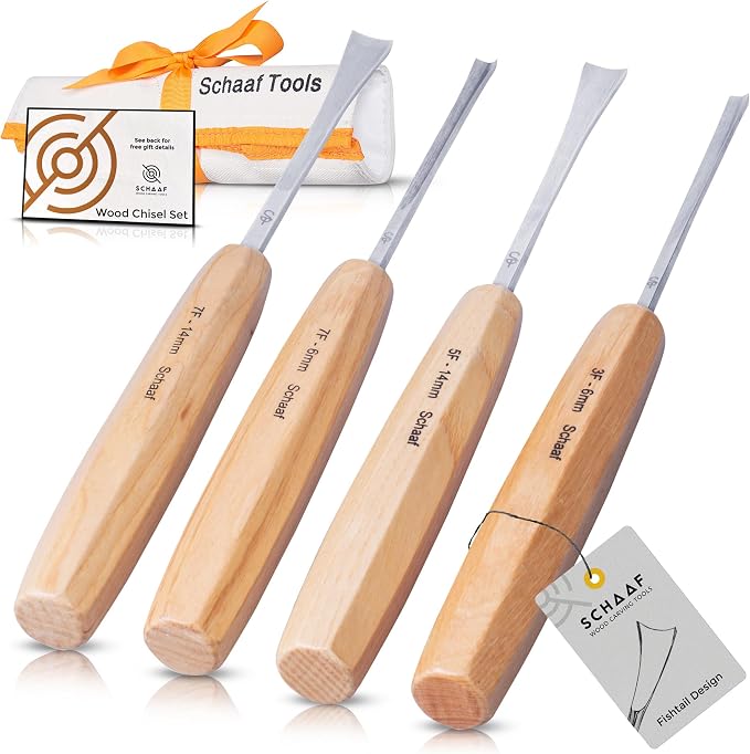 High-Quality Wood Carving Tools Set of 4 Fishtail Chisels and Gouges, Razor by SchaafTools