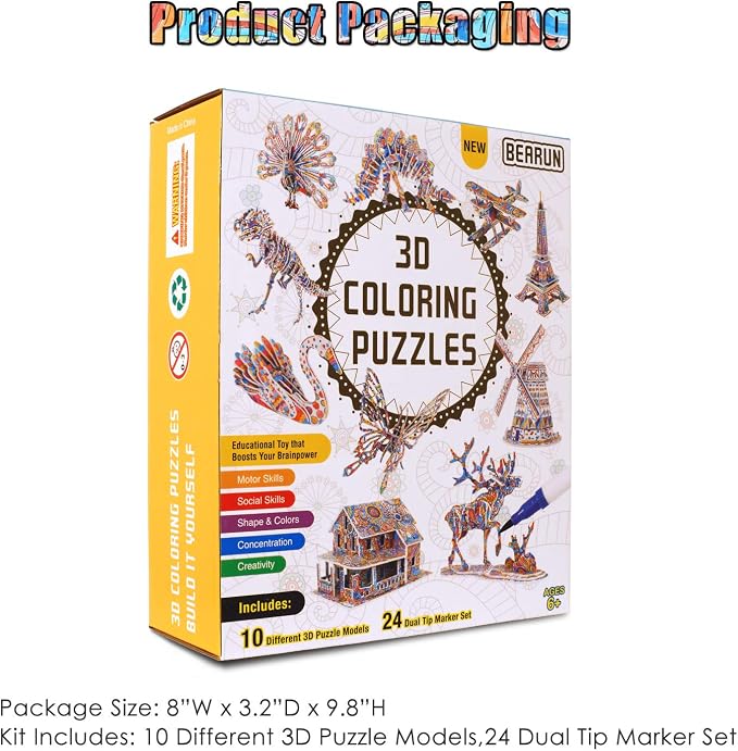 BEARUN 3D Coloring Puzzle Set, Arts and Crafts - Image 7