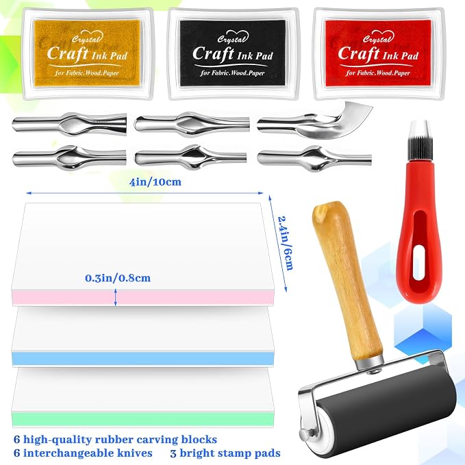 11 Pack Linoleum Block Stamp Making Kit, 3 Ink Pads, Brayer Roller & 6 Type - Image 2