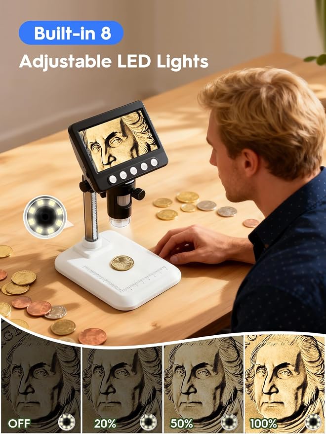 Coin Microscope, 4.3" LCD USB Digital 1000X 1080P Coin Magnifier | 8 Adjustable - Image 5