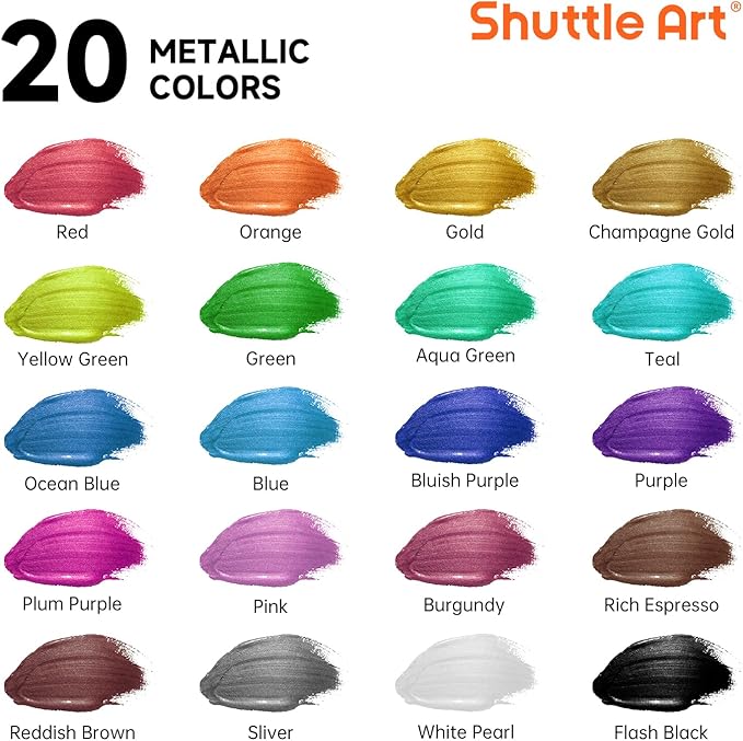 Shuttle Art Metallic Acrylic Paint Set, 20 Colors Metallic Paint in Bottles - Image 3