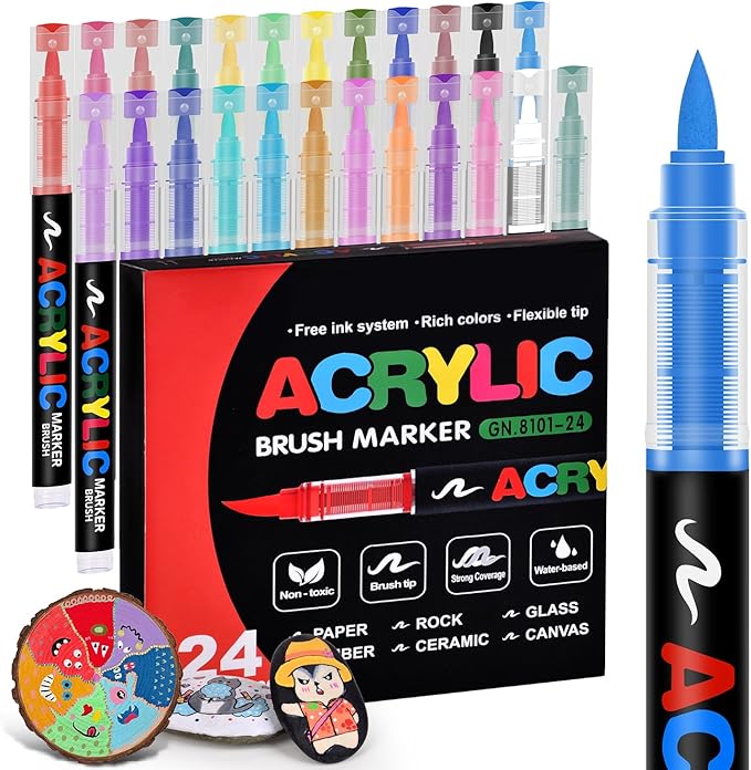 Acrylic Paint Markers 24 Colors, Water-Based No-Bleed Markers by colourmotor