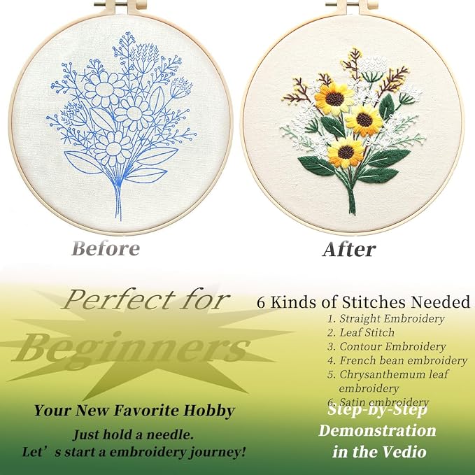 FONNUY Embroidery Kit for Beginners，Plants Flowers Pre-Stamped Pattern Kits for - Image 4