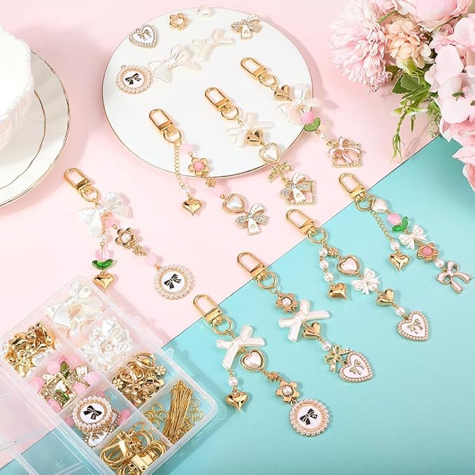 SUNNYCLUE 1 Box 156Pcs DIY 8 Sets Keychain Making Kit Bows Key Chain Charm Bead - Image 4