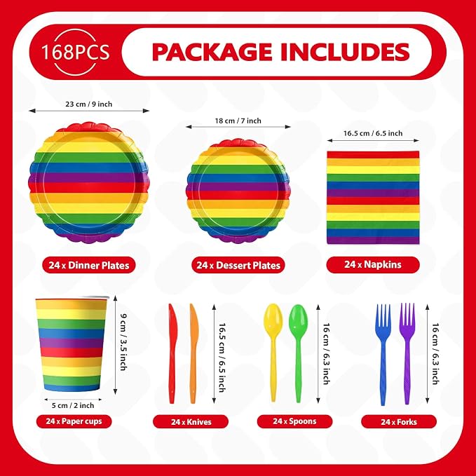 168 Pcs Rainbow Birthday Party Decorations, Serves 24 | Rainbow Stripes Plates - Image 4