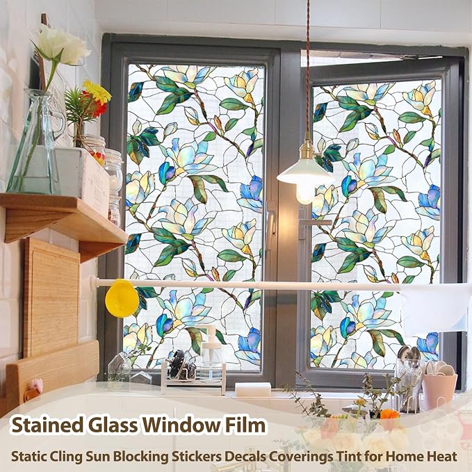 Magnolia Stained Glass Privacy Window Film, Decorative Window Tinting Film - Image 3