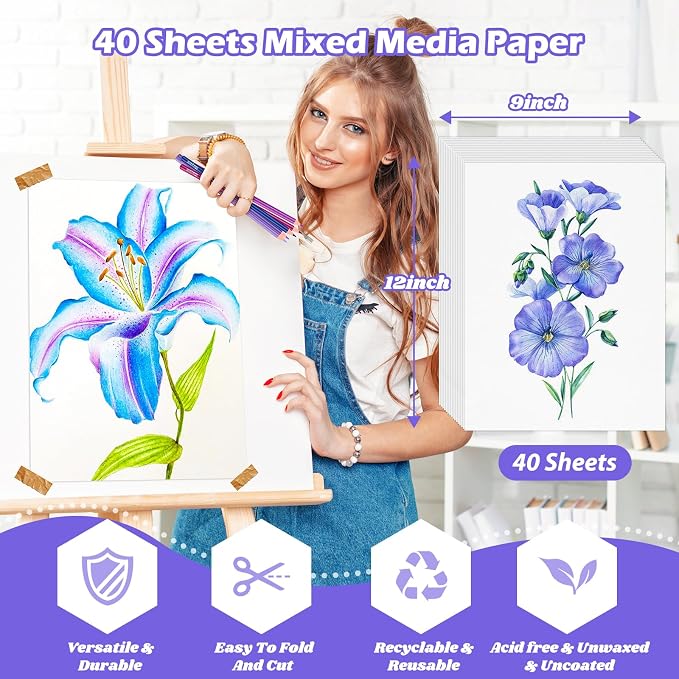 Mixed Media Paper 9" x 12", 40 Sheets Multipurpose White Loose Drawing Paper | - Image 2