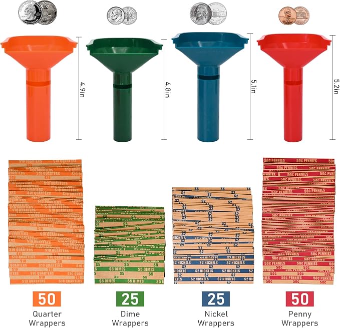 L LIKED 150 Assorted Flat Striped Coin Wrappers & 4 Coin Sorters Tubes - Image 2