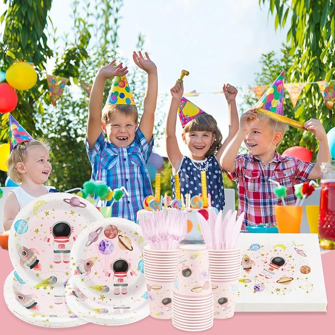 120 PCS Space Party Supplies, Disposable Pink Moon Star Paper Plates Napkins - Image 5