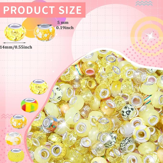60Pcs Large Hole Beads Spacer Beads Yellow Assorted European Craft Big Beads - Image 2