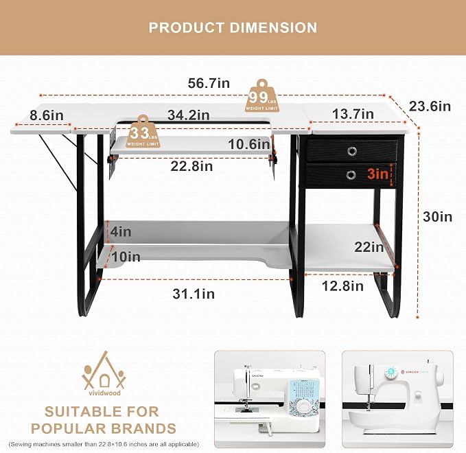 Vividwood Foldable Sewing Machine Table, Storage Shelf and 2 Cloth Drawers - Image 3