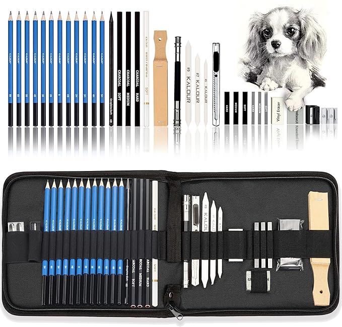 KALOUR 33 Pro Drawing Kit Sketching Pencils Set, Portable Zippered Travel by KALOUR