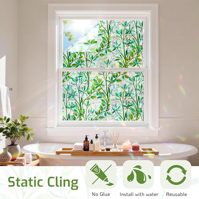 LUTE Stained Glass Window Privacy Film, Leaf Rainbow, 17.5" X 78.7" | No Glue - Image 6