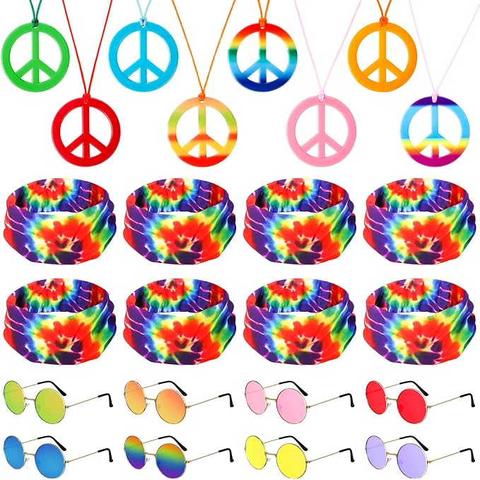 MTLEE 24 Pcs Hippie Costume Set Accessories Includes Peace Sign Necklaces Tie by MTLEE