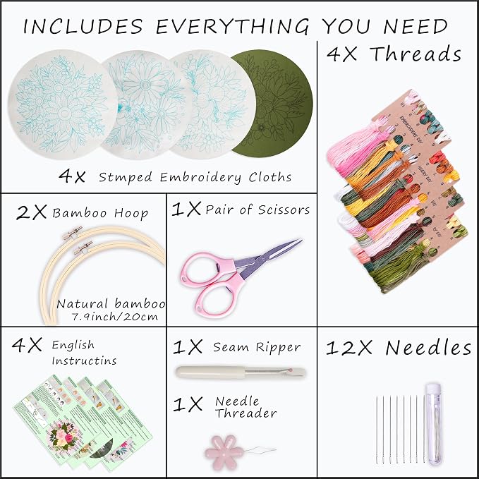 Bonroy 4 Sets Embroidery Set for Beginners, Art Craft, Easy Sewing Embroidery - Image 2