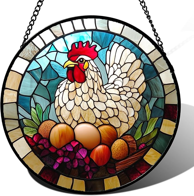 DASTOLL Stained Glass Window Hanging White Chicken Hatching Eggs 6.3" by DASTOLL