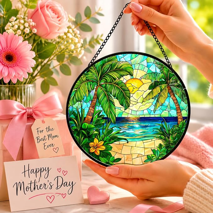 Sunset Beach Acrylic Suncatcher Faux Stained Glass Window Hanging 9.8" | - Image 4