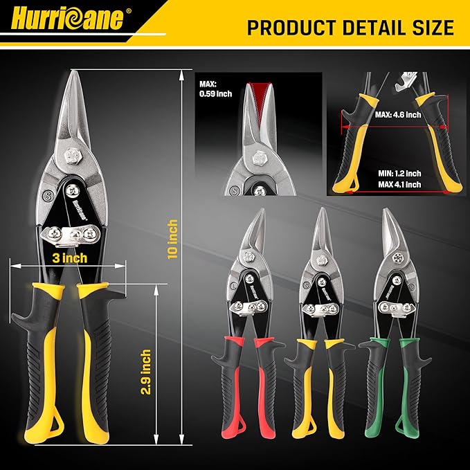 HURRICANE 3 pc Aviation Tin Snips Set, 10 Inch Metal Shears - Image 3