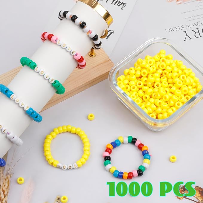 Auvoua 1000Pcs Pony Beads Bracelet 9mm Yellow Plastic Barrel Pony Beads - Image 4